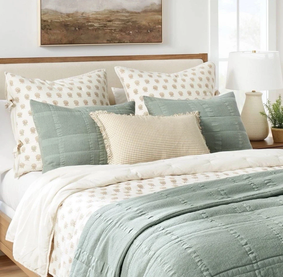 Euro Lofty Cotton Slub Woodblock Floral Quilt Sham White Mauve NEW - Image 2 of 4