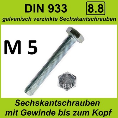 M 5  DIN 933 8.8 Sechskant Schrauben verzinkt Maschinen Gewindeschrauben  M5