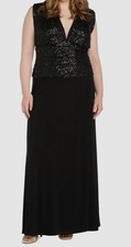 R M Richards Women Black Sequinned Lined V Neck Mesh Evening Gown Plus Size 20W