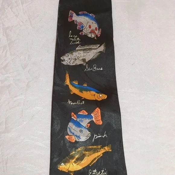 Corbata vintage renacentista hecha a mano tema pez lubina pez azul marlin salmonete Foto 4 de 4
