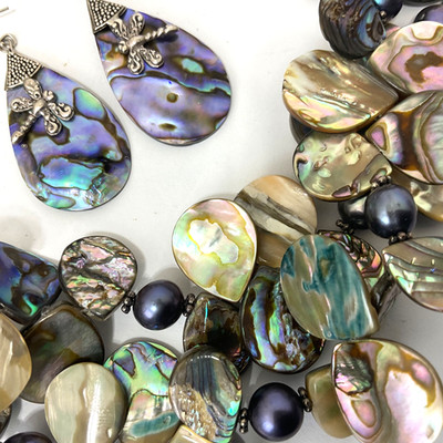 TJT Sterling Silver Peacock Pearl Abalone Cluster Beaded Necklace Gift Earrings