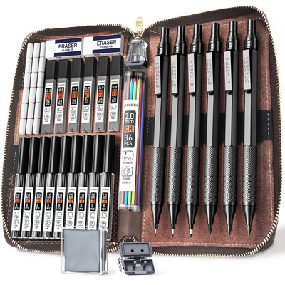 30Pcs Art Metal Mechanical Pencil Set with Leather Case 6PCS Art Drafting Pe
