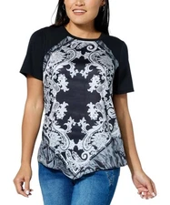 DG2 by Diane Gilman Scarf Print Raglan Tee Black Scarf