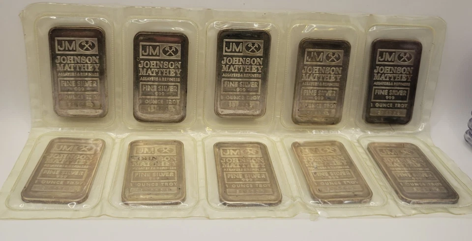 Barras vintage Johnson Matthey 10x1 oz ¡en OMP! Rare Opportunity 999 Sooter Studios Foto 2 de 4