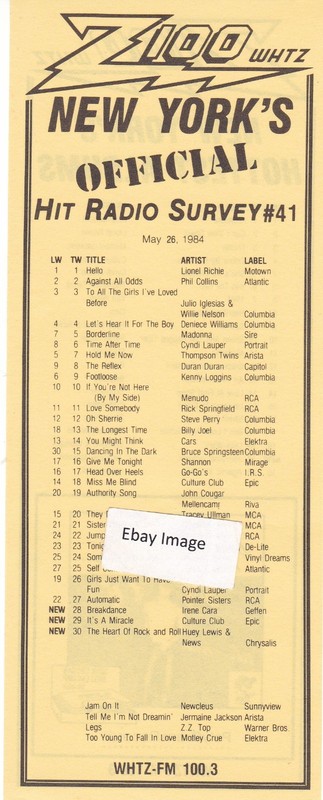 Z-100 WHTZ New York City Top 40 Radio Music Survey #41 5-26-84