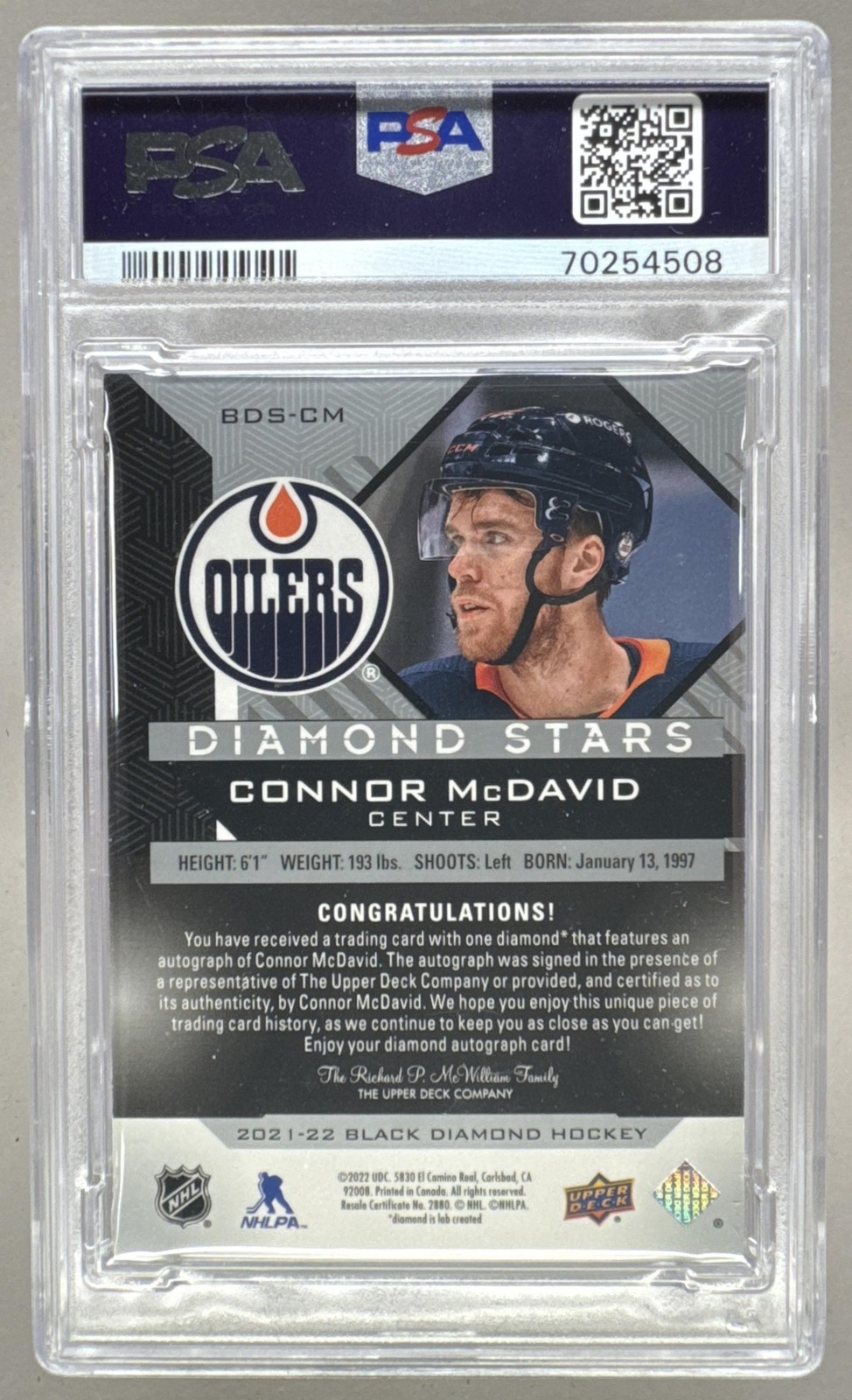 Connor McDavid 2021 Upper Deck Pure Black Diamond Stars Auto 1/1 PSA 8/10 view 2