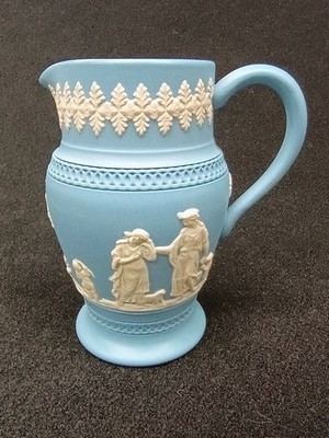 Dudson Hanley Cream on Blue Jasper Ware 5'' Pitcher with Grecians 1950's BLUB72