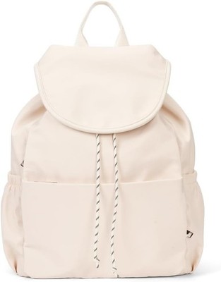 Women Casual Flip Backpack Solid Color Nylon Drawstring Pleated Rucksack (Beige)