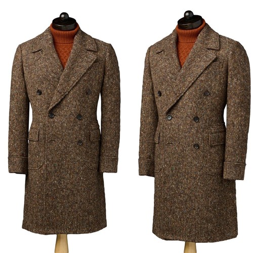 Men Brown Coat Double Breasted Jacket Notch Lapel Cashmere Tweed Winter Long - Picture 10 of 11