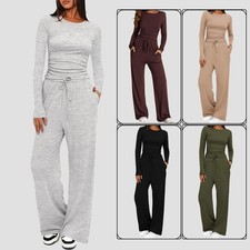 Women's Casual Round Neck Long Sleeve Sweatshirt Pants Set Slim Two Piece Suit