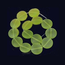 15mm Frosted Sea Glass Coin Disc Beads - Olivine / Peridot 8"
