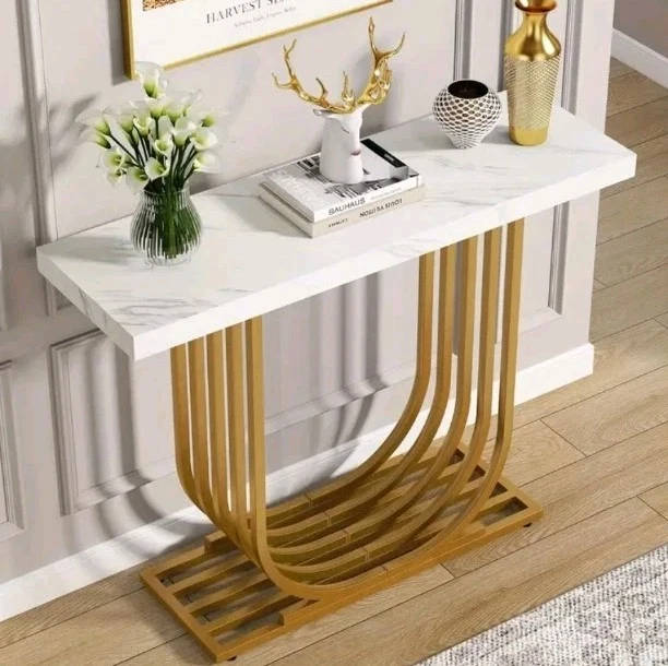 Console Table Golden Sturdy U-Metal Legs And White Faix Marble Top-Easy Assembly - Image 2 of 4