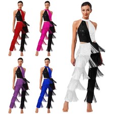 Womens Rompers Halloween Jumpsuit Leotard Bodysuit Music Dancewear Shiny Fringe