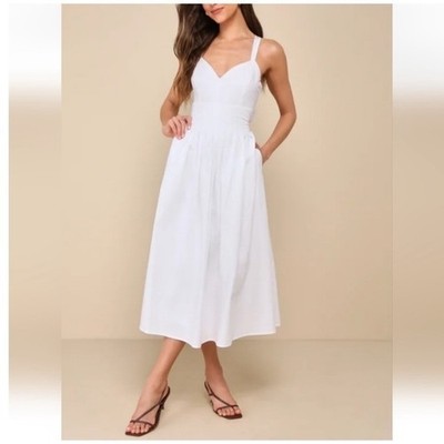 Lulus Strolling Sicily White Pleated Backless Midi Dress With Pockets Medium NWT