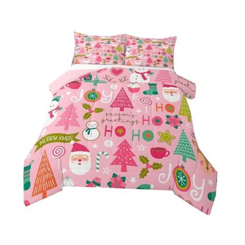 Pink Christmas Comforter Set, Cartoon Santa Claus Bedding Set Twin Multi 18