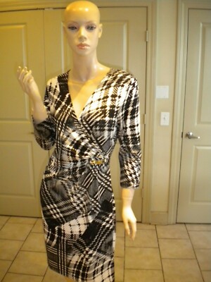 New Directions Petite Small Black White Print Faux Wrap Dress Size: PS 