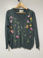 Cyn Les Design by Shirlee Women's XL Blue VTG Embroidered V-Neck 70's Sweater