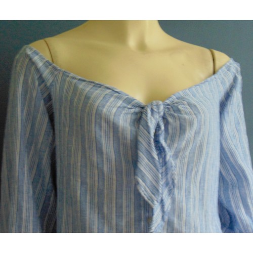 Free People Top blu a righe Hello There cravatta di lino davanti spalle scoperte L - Foto 4 di 10