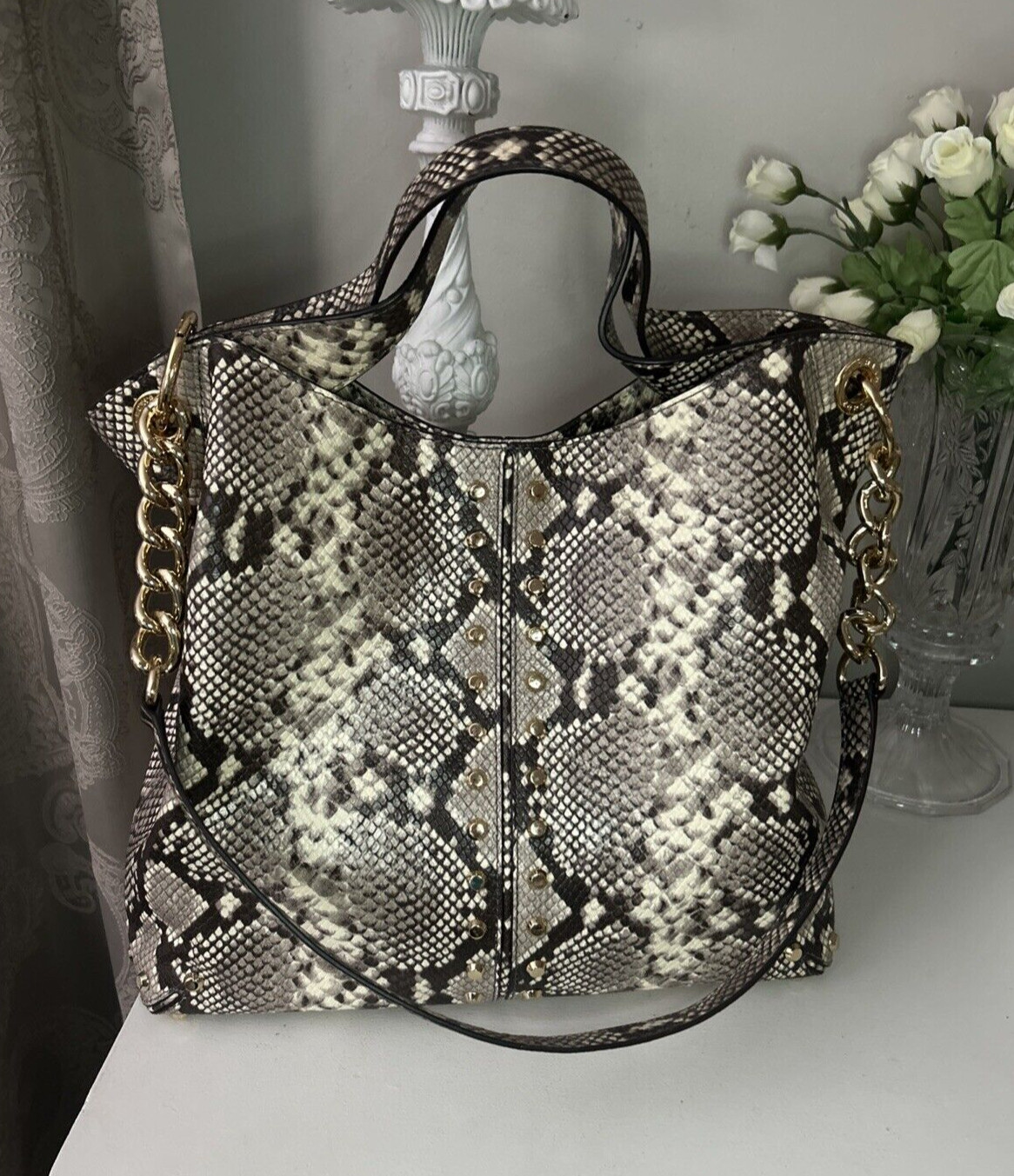 Michael Kors Brown Leather Python Snake Shoulder … - image 9