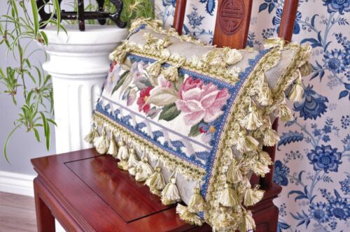 Wool Needlepoint Lumbar Pillow Cover Custom Made in Canada Roses Cushion 16x24 - Picture 3 of 11
