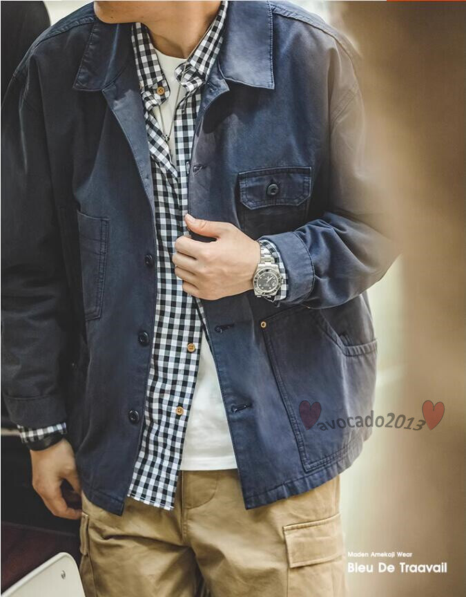 Moden Amekaji French Chore Men's Coat Safari BDT Jacket Blue