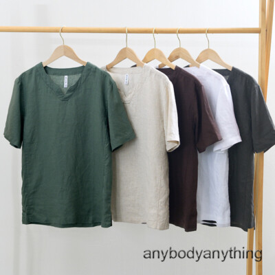 Men 100% Linen T-shirt Retro V Neck Summer Short Sleeves Tops Casual Undershirt