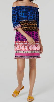$288 Trina Turk Women's Blue Pink Printed Off-The-Shoulder Shift Dress Size XS