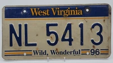WEST VIRGINIA WILD WONDERFUL STATE ISSUED LICENSE PLATE NL-5413 1996 EXPIRED