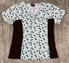 Cherokee Scrubs Top Womens Small Brown Blue Geometric Stretch Side Panels