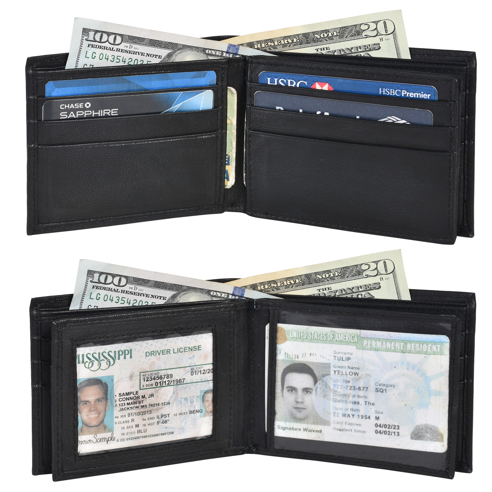 Leatherboss Genuine Leather Lambskin Soft Double Center Flaps Wallet, Black