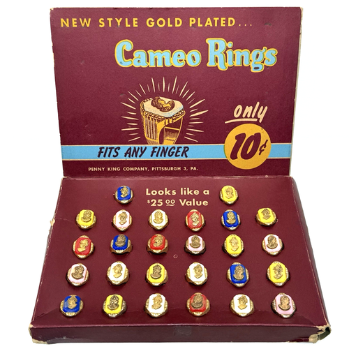Vintage 1950s Penny King Cameo Rings Store Display with 26 Rings Pittsburgh, USA