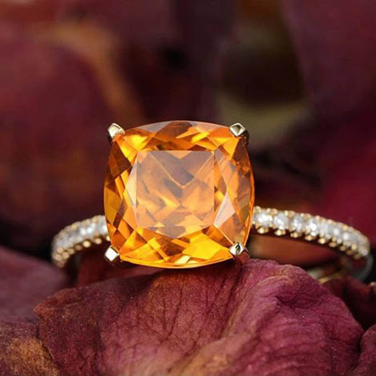 1.79 Cts Cushion Citrine Diamond Wedding Promise Gold Plated Silver Ring