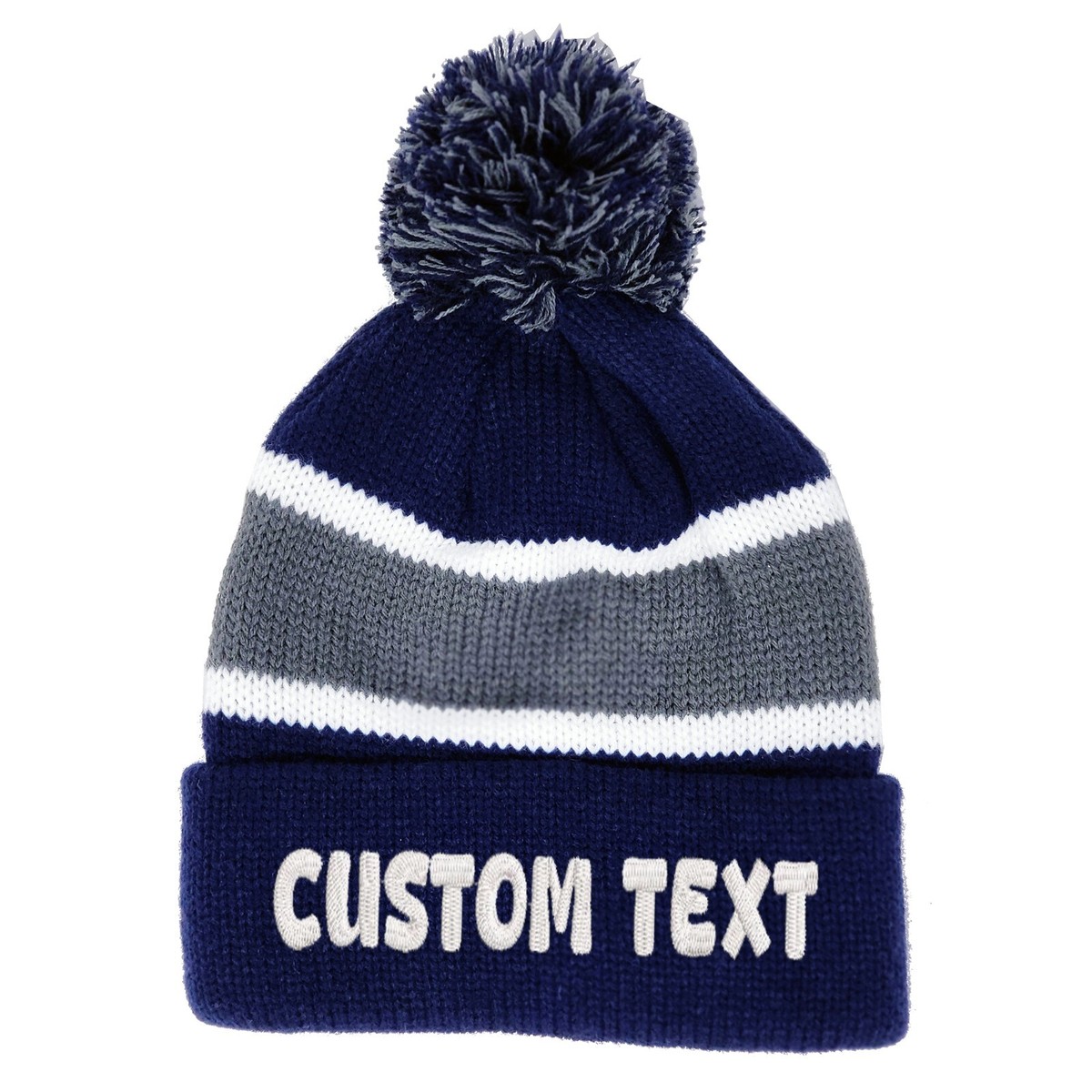 Custom embroidered pom pom beanie hat (blue/gray), striped custom