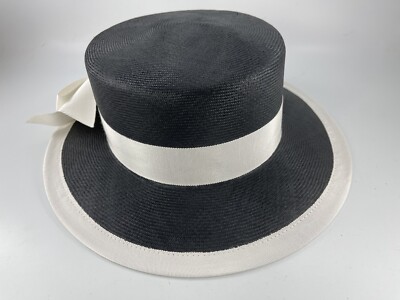 Vintage Black & White Straw Hat Vintage Black & White Straw Hat With Red Flowers, 1950s Tilt  main image 3
