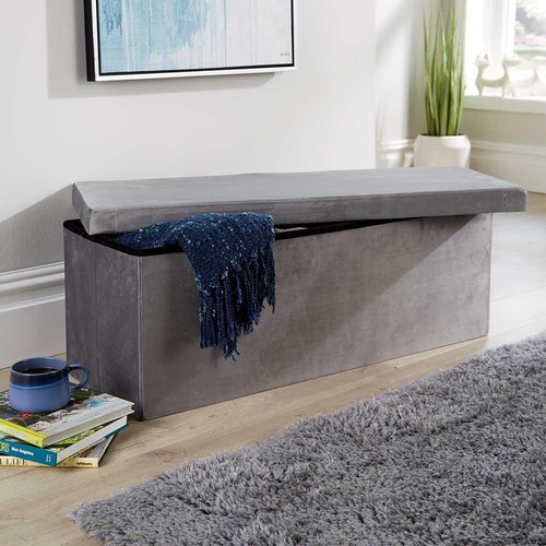 Folding Ottoman Chest Extra Large Grey Flat Velvet Fabric Storage Space Saving - Picture 3 of 5