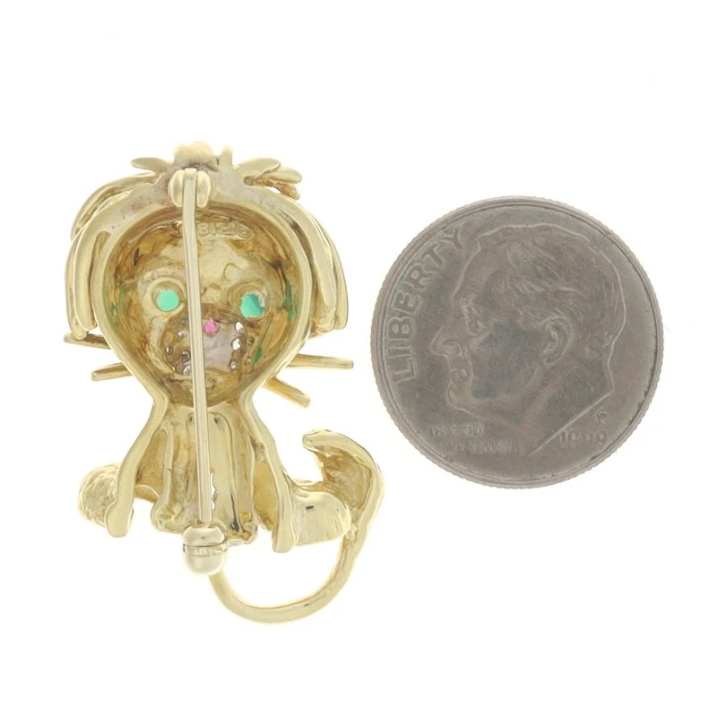 Yellow Gold Chalcedony Ruby Happy Lion Brooch - 18k Round .30ctw Big Cat Cub Pin - Image 3 of 4