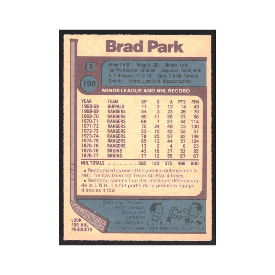 1977 O-Pee-Chee Brad Park Boston Bruins #190 - Image 2 of 3