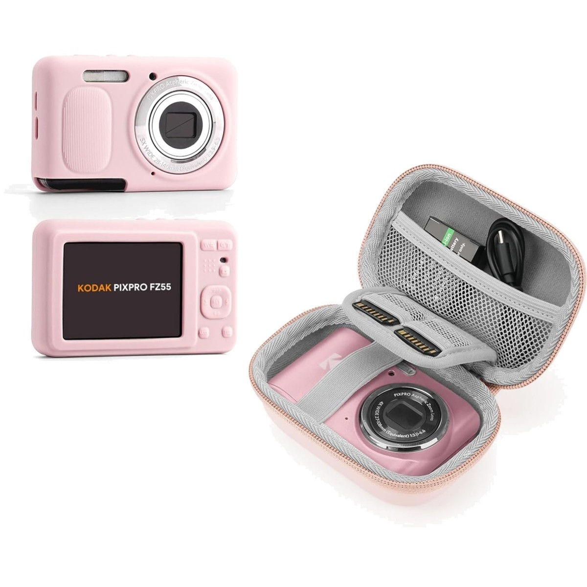 【保護シール&ケース付】Kodak PIXPRO FZ55 KODAK PIXPRO FZ55 Camera Case - Pink Silicone Cover & EVA Hard