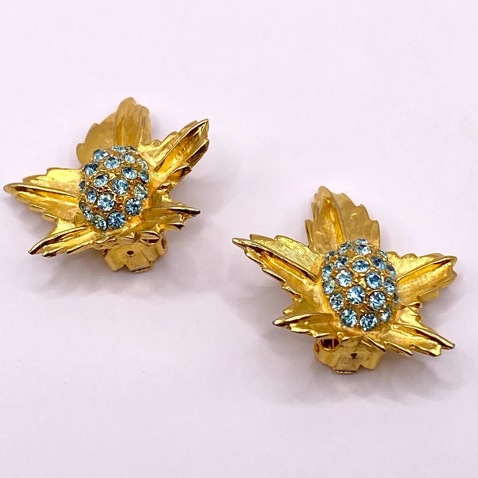 Pendientes Vintage BLANCOS Floral Azul Estrás Chapados en Oro 10K Hoja Pendientes Foto 2 de 4