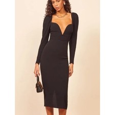 REFORMATION Strata Midi Dress Sweetheart Puff Sleeve Plunge V-Neck Black, Size 4