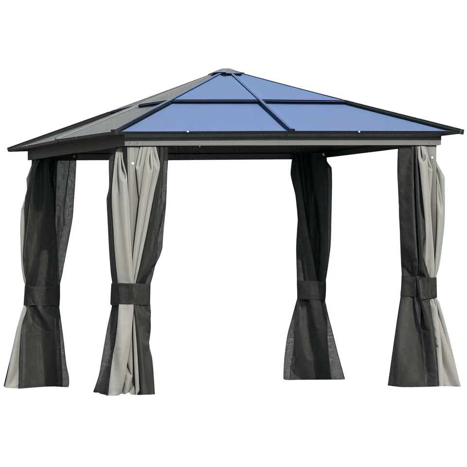 Outsunny 3x3(m) Aluminium Hardtop Gazebo Canopy w/ Polycarbonate Top, Curtains