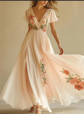 Women's Blush Pink Floral Embroidered Maxi Dress Chiffon V Neck Evening Gowns