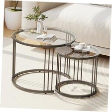 Nesting Coffee Table, 23.6" Round Coffee Table Set of 2 Nesting Glass Black