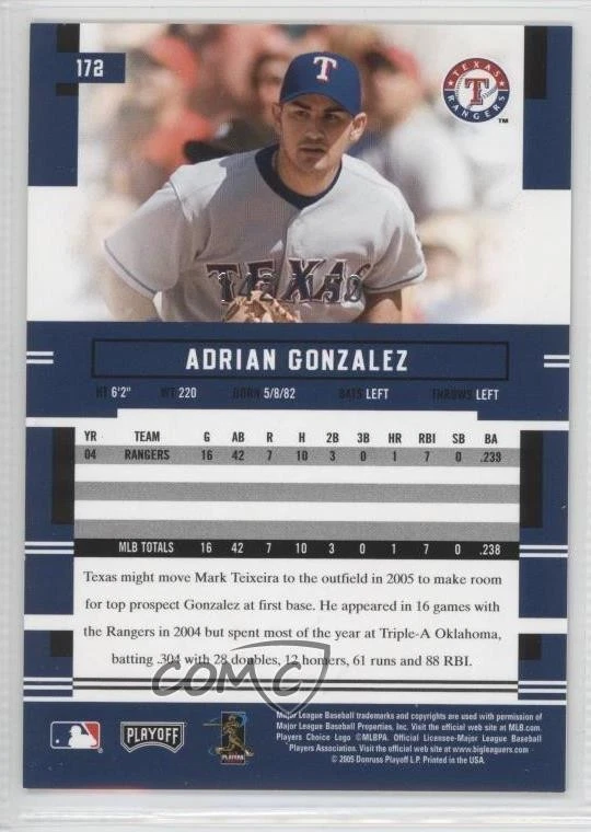 2005 Playoff Prestige Prospect Xtra Bases Red /150 Adrian Gonzalez #172 - Image 2 of 2