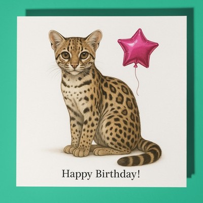 Leoparty Gast Margay - Happy Birthday Karte und Umschlag - personalisierte Karte