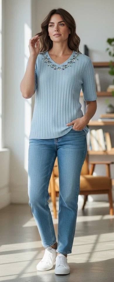 Requisitos Suéter Top Azul Manga Corta Algodón Ramie Floral Bordado Talla L Foto 2 de 4