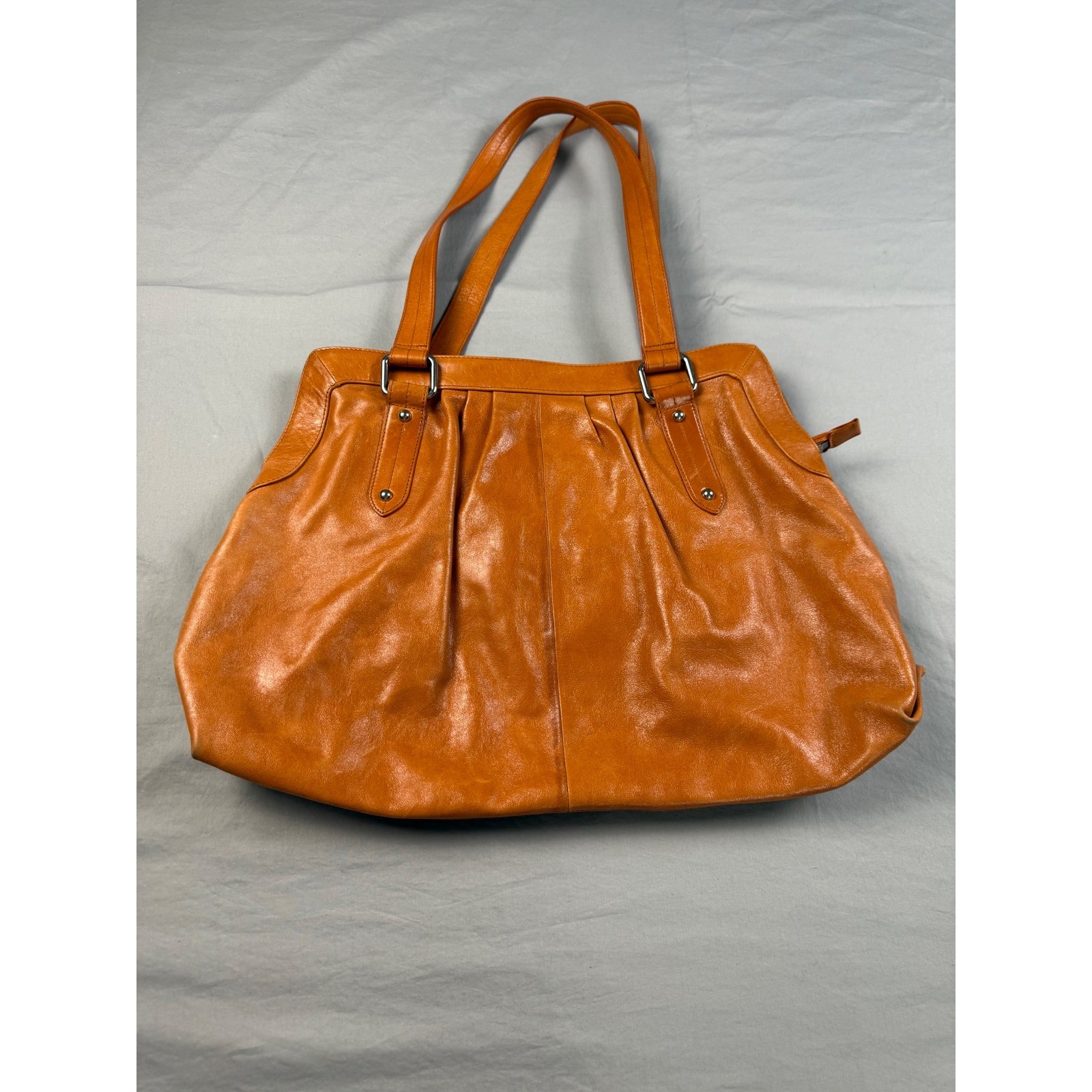 Hobo International Orange Glazed Leather Tote Shoulder Bag Zip Top Large