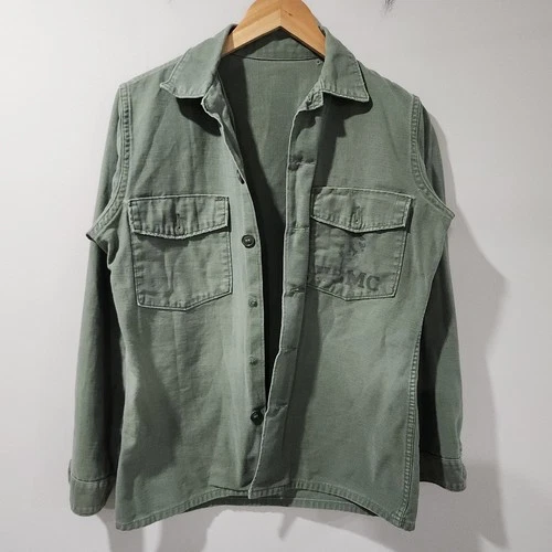 Vintage USMC Shirt Olive Green Cotton Sateen OG 107 Vietnam Military Distressed