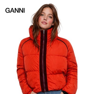 $450 GANNI Fountain Puffer Jacket Orange Red Velvet Trim Insulated Coat S 
