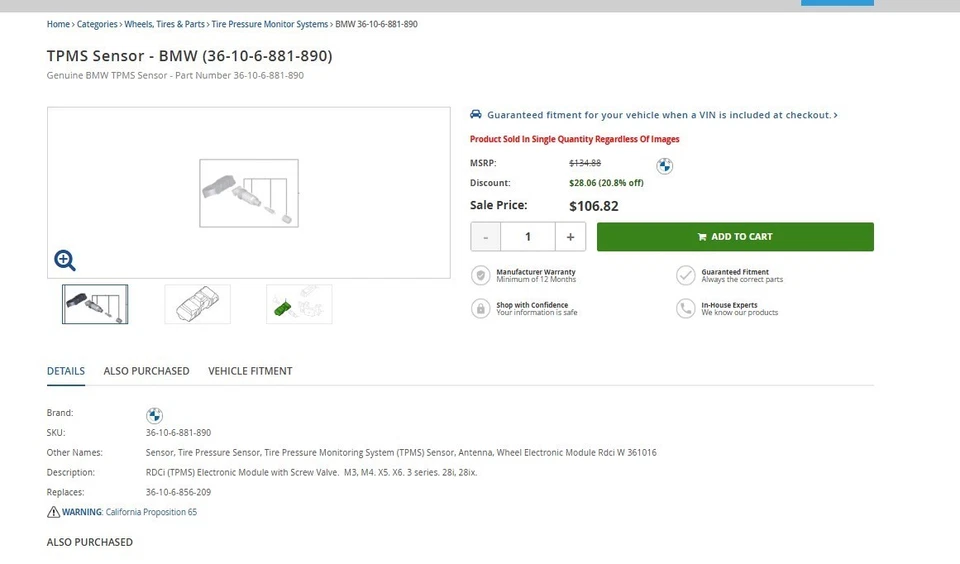 Set of 1 PC TPMS OEM 36106856209 Tire Pressure Monitoring System Sensor for BMW - Image 4 of 4